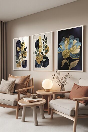 Postifull White Painting Set, 3 Pieces White Framed Poster Dance of Blue&Gold Model No:300883, Wall Decor