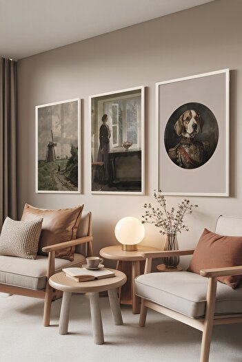 Postifull White Painting Set, 3 Pieces White Framed Poster the Dog Model No:300879, Brown Wall Decor