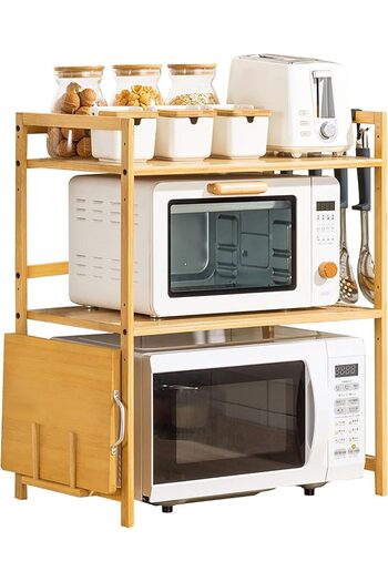 NEXIFY Microwave Oven Shelf, 2-Tier Wooden Microwave Oven Rack Stand, Microwave Holder with 4 Hooks
