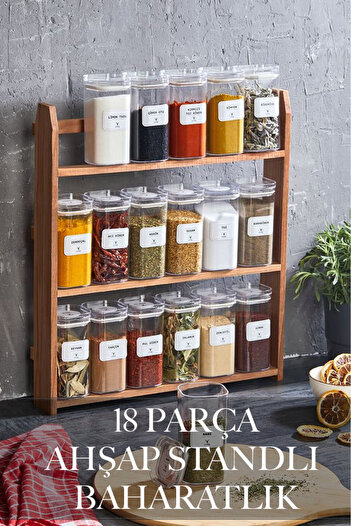 polbo 18 Piece Spice Rack Set with Wooden Stand 300ml – with Tag Gift