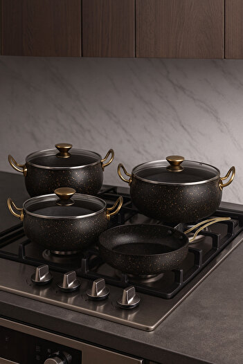YUNUSOĞLU HOME 7 Piece Granada Granite Pot and Pan Set – 20 cm 2.5L, 24 cm 4.5L, 26 cm Oblate 3L, 26 cm Pan