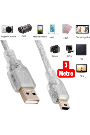 nelerbulurum 3 Metre Ps3 Kol Şarj Kablosu 5 Pin Mini Usb Usb5-pin 2.0 Erkek A Mini 5 Pin B 1.5mt Piramit Uç
