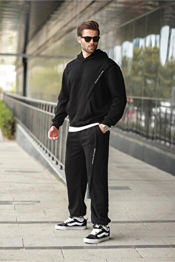 Madmext Black Hooded Kangaroo Pocket Men's Tracksuit Set E7325