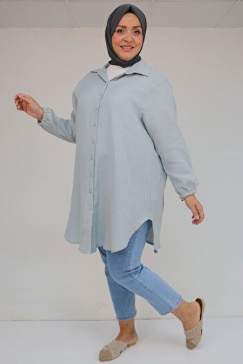 Eslina 58091 Large Size Muslin Shirt with Elastic Sleeves - Gray