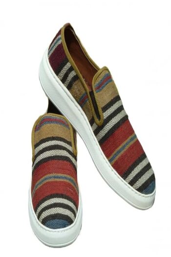 Anatolia Pantofi Emir piele si material textil, cusuti si brodati manual, Maro multicolor, 40