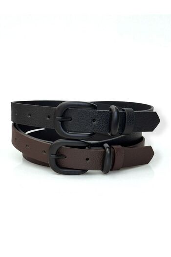 Gesa Men's Thin Matte Buckle Old Money Black-Brown Set of 2 Belts 2.5 cm