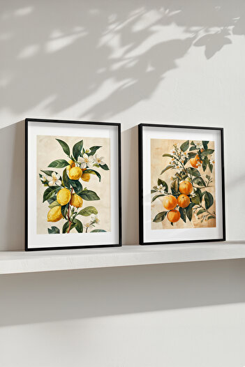 STARYUNA Mutfak Kitchen Limon Portakal Lemon Orange Siyah Çerçeveli Poster 2'li Duvar Tablo Seti Yuna 140