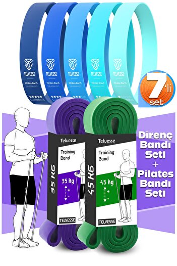 Telvesse 7Li Mega Set 35+45 kg + 5Li Pilates Resistance Band Barfiks Rubber Loop Band Blue Tone