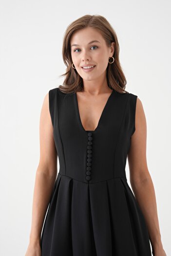 bayansepeti Women's V Neck Button Design Sleeveless Black Midi Evening Dress 2182