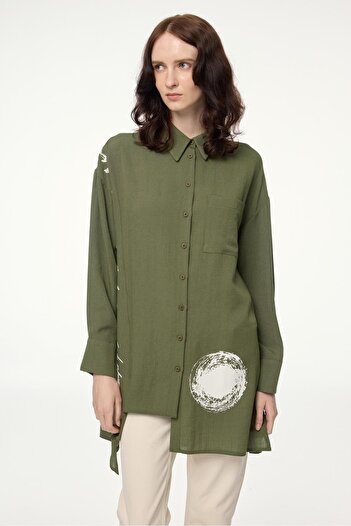 Zühre Patterned Shirt Collar Khaki Tunic T-1581