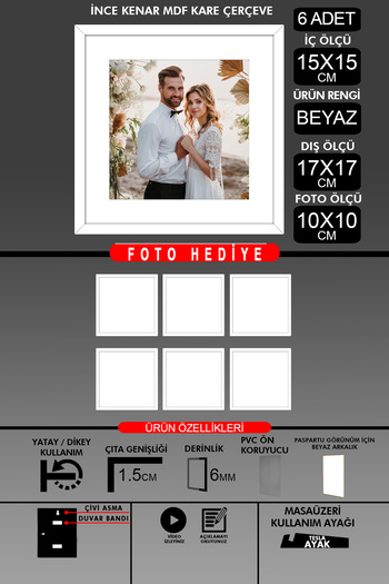 bymat 6 Pieces 15X15 Frame - Thin Slatted Frame - White Frame - Square Frame - Photo Frame