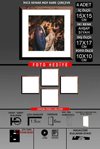 Bytwo 4Pcs 15X15 Frame - Thin Slatted Frame - 2 Colors Wood Black - Square Frame Photo Frame