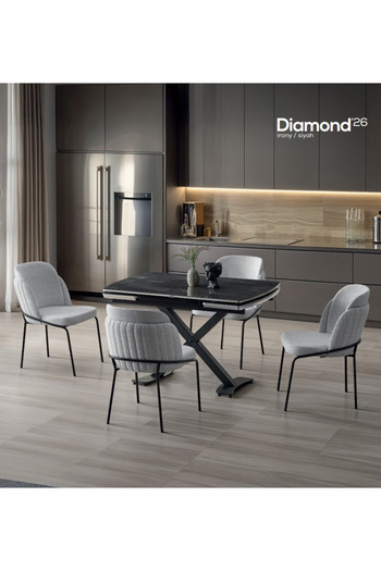 DENGEMA Diamond Açılır Masa Takımı – Siyah Mermer - Siyah Metal Ayak, 4 Sandalyeli, 80x120/180 cm