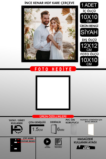 bymat 1Pcs 10X10 Frame - Fine Slatted Frame - Black Frame - Square Frame - Photo Frame