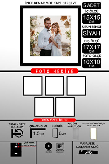 bymat 5 Pieces 15X15 Frame - Thin Slatted Frame - Black Frame - Square Frame - Photo Frame