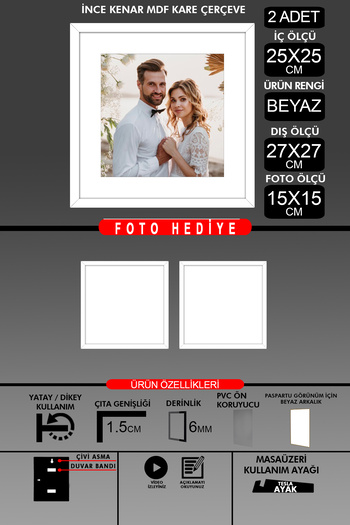 Bytwo 2 Pieces 25X25 Frame - Thin Slatted Frame - White Frame - Square Frame - Photo Frame