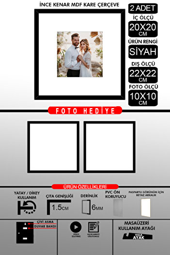 bymat 2 Pieces 20X20 Frame - Thin Slatted Frame - Black Frame - Square Frame - Photo Frame