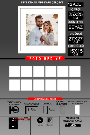 Bytwo 12 Pieces 25X25 Frame - Fine Slatted Frame - White Frame - Square Frame - Photo Frame