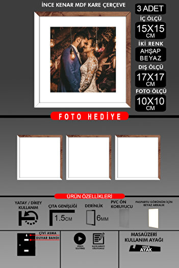 bymat 3 Pieces 15X15 Frame - Thin Slatted Frame - 2 Colors White Wood - Square Frame Photo Frame