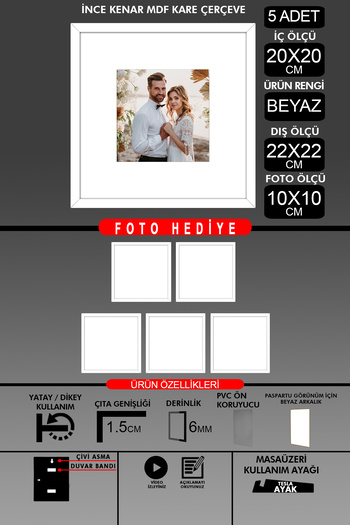 Bytwo 5 Pieces 20X20 Frame - Thin Slatted Frame - White Frame - Square Frame - Photo Frame