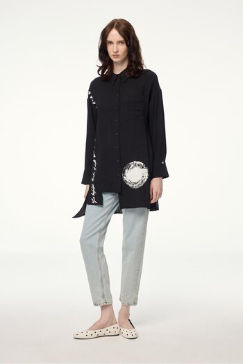 Zühre Patterned Shirt Collar Black Tunic T-1581