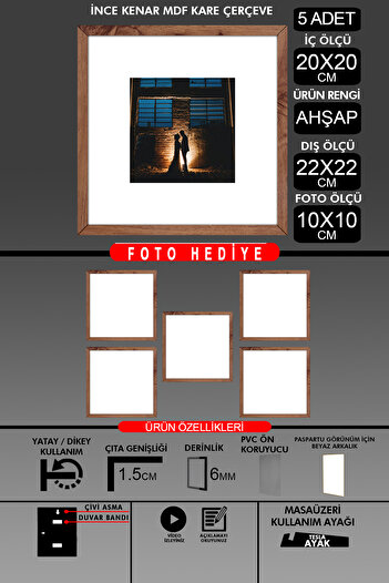 bymat 5 Pieces 20X20 Frame - Thin Slatted Frame - Wooden Frame - Square Frame - Photo Frame