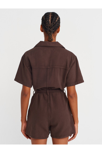 Dilvin 72028 Hidden Snap Short Denim Jumpsuit-Brown