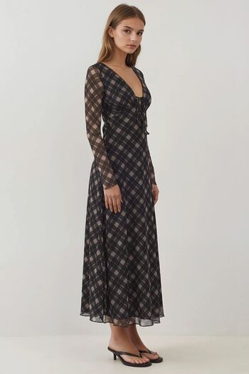 Hiccup Deep V-Neck Stripe Detail Tie Front Plaid Print Tulle Midi Dress