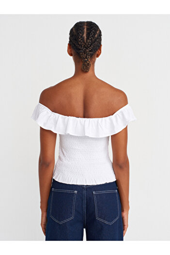 Dilvin 31902 Off-The-Shoulder Ruffle Top-White