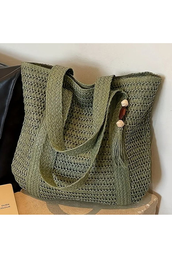 Büyük Hanım Large Size Straw Zippered Tasseled Beach Bag