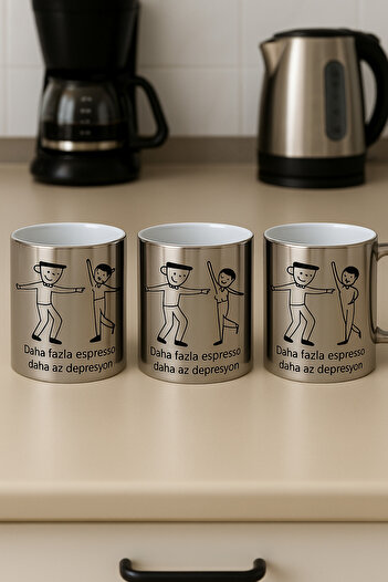 çokaş Pack of 3 Lettering Print Large Size Silver Tea Mug Cups