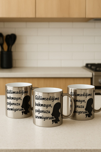 çokaş Pack of 3 Lettering Print Large Size Silver Tea Mug Cups