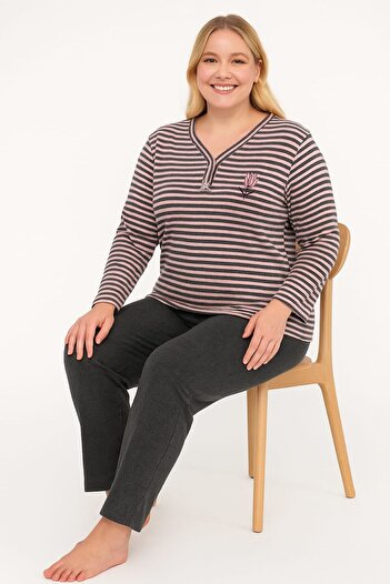 enmodaiçgiyim Striped 100% Cotton Plus Size Embroidery Long Sleeve Women's Pajamas Set – Soft Texture Home Wear