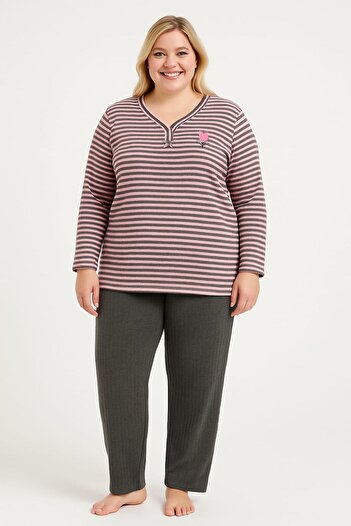 enmodaiçgiyim Striped 100% Cotton Plus Size Embroidery Long Sleeve Women's Pajamas Set – Soft Texture Home Wear