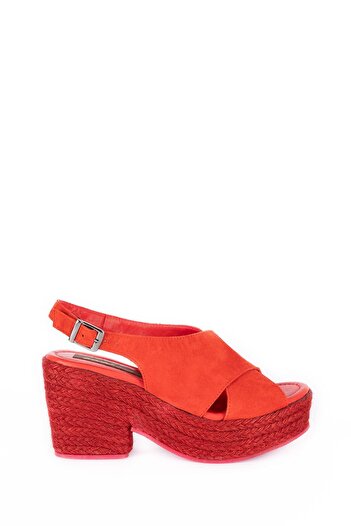 Wish BF Kadın kırmızı hakiki süet deri dolgu topuk açık burun slingback ayakkabı