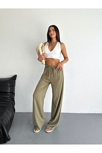 THE RULE Women's Khaki Baggy Comfortable Fit Elastic Waist Loose Cut Basic Linen Trousers Wrf0001