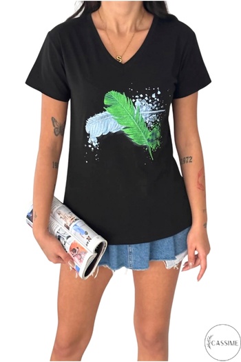 Cassime Women's Black V-Neck Feather Pattern Sequin Embroidered 100% Cotton T-Shirt