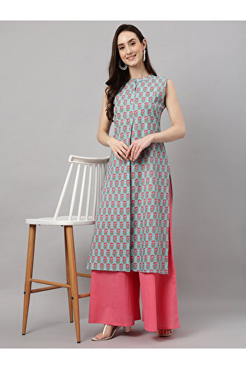 IndHeritage Premium Sleeveless cotton office/casual kurta - light turquoise kurti for women with floral print