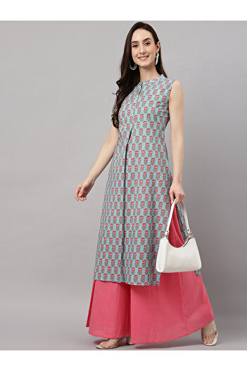 IndHeritage Premium Sleeveless cotton office/casual kurta - light turquoise kurti for women with floral print