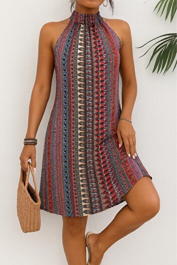 Gökyüzü Moda Women's Sleeveless Halter Neck Strap Patterned Midi Single Jersey Dress