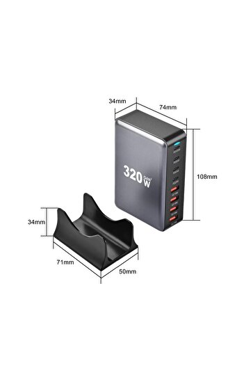 REDz Accessories Stație de încărcare, GAN 320W, 8 porturi – 4 USB-C PD + 4 USB-A QC, Design compact