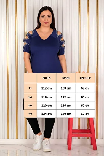 FOR ESRA BIG TREND Women's Plus Size Front Back V Sleeve Laser Cut Sequin Processing Stretchy Blouse