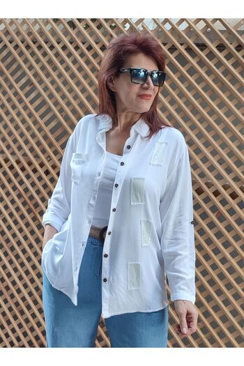 DenizEge Patchli Sequined Viscose White Shirt