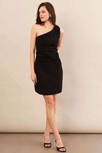 Cool & Sexy Women's Black One Shoulder Lined Mini Linen Dress Ayd416