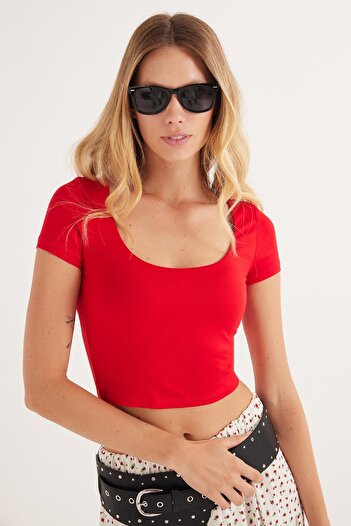 Tudors Women's Slim Fit Tight-Fitting Short Sleeve U Neck Red Blouse