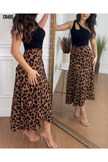 Modayakamoz Women's Leopard Patterned Single Jersey Skirt Stylish Model with Waist Belt