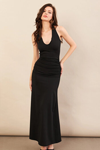 Cool & Sexy Women's Black Backless Neck Tie Maxi Dress Dcf061
