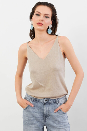 Cool & Sexy Women's Stone V-Neck Knitwear Blouse Kz546