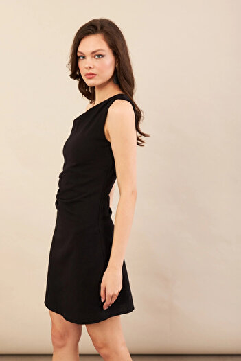 Cool & Sexy Women's Black One Shoulder Lined Mini Linen Dress Ayd416