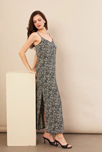 Cool & Sexy Women's Black Strappy Patterned Crinkle Midi Dress Ayd413
